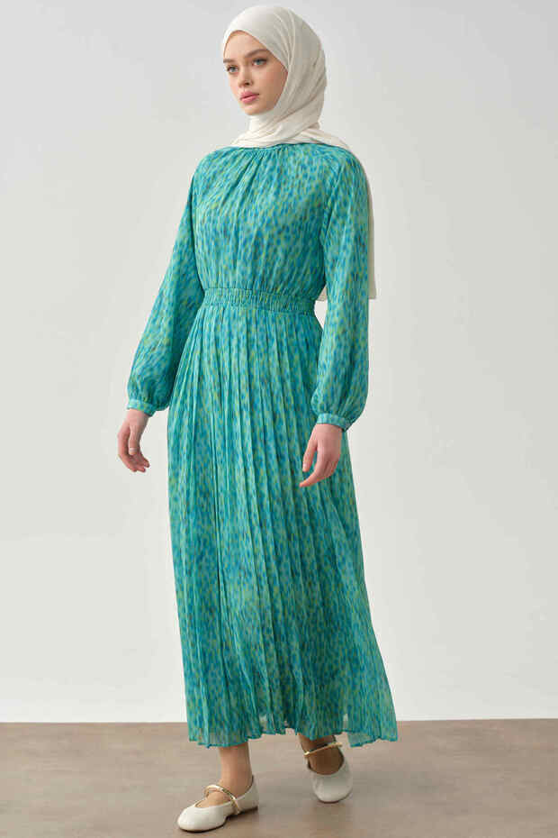 Bel Lastikli Pliseli Elbise - Mavi - 8