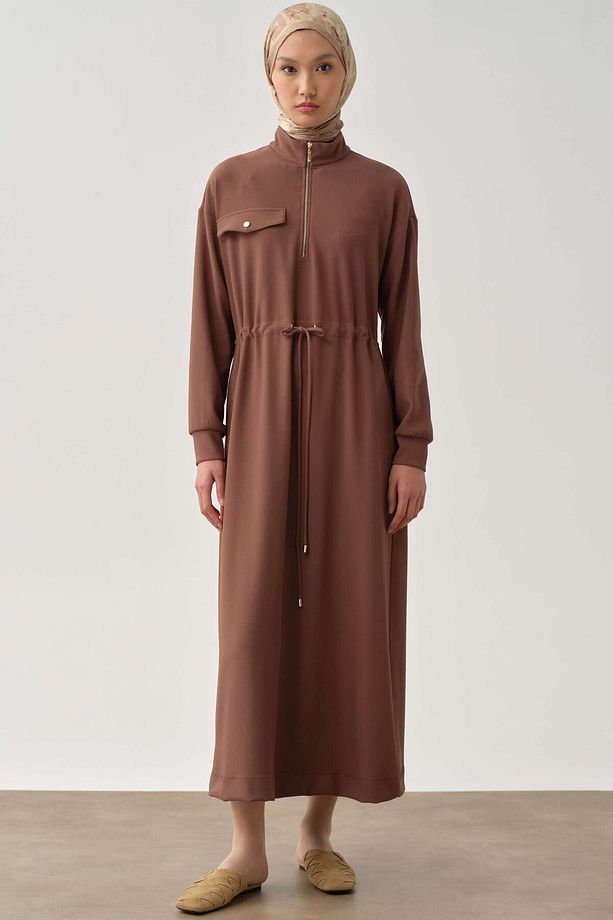 Bel Bağcıklı Örme Elbise - Kahve - 3