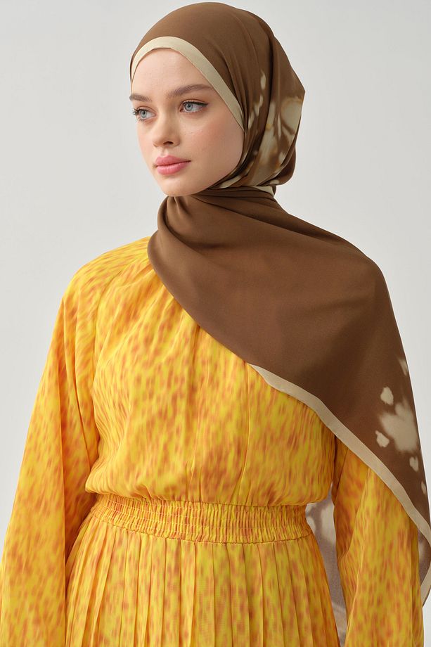 Bel Lastikli Pliseli Elbise - Sarı - 1