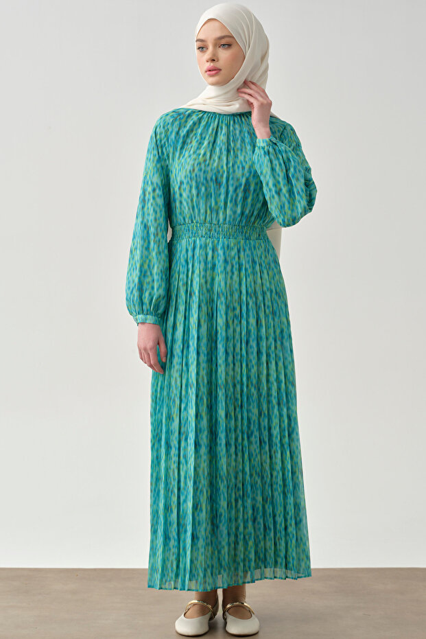 Bel Lastikli Pliseli Elbise - Mavi - 3