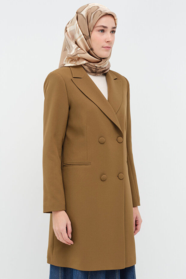 Kruvaze Düğmeli Uzun Basic Ceket - Olive - 5