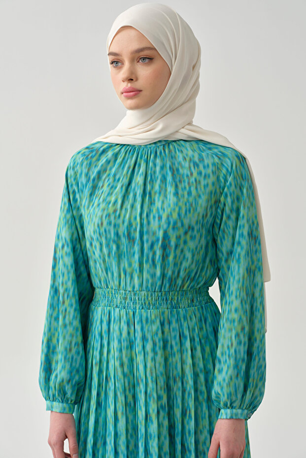 Bel Lastikli Pliseli Elbise - Mavi - 1