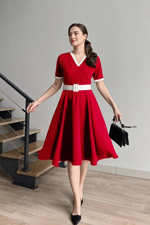 V-Neck Double Color Midi Belted Red and White Dress