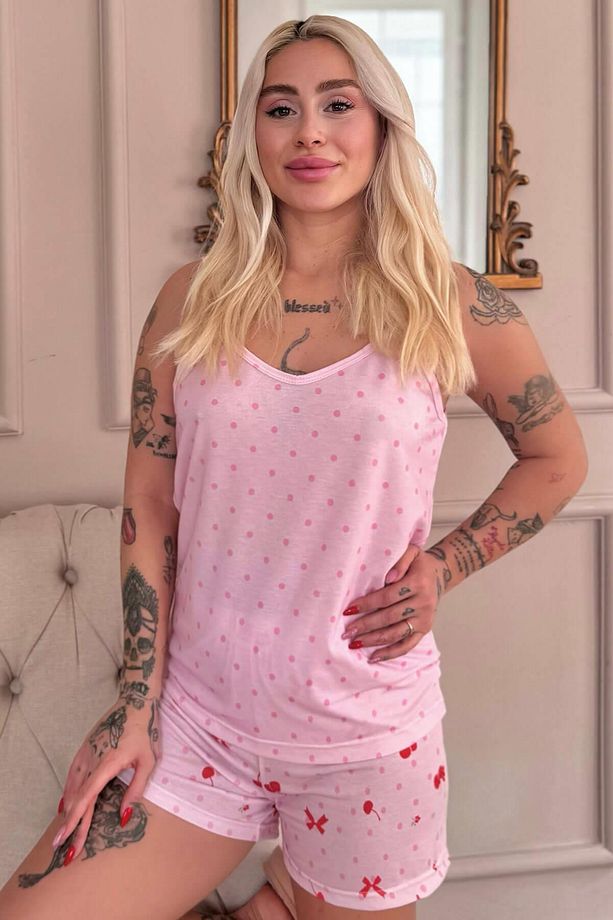 Açık Pembe Cherry Desenli İp Askılı Şortlu Kadın Pijama Takımı - 1