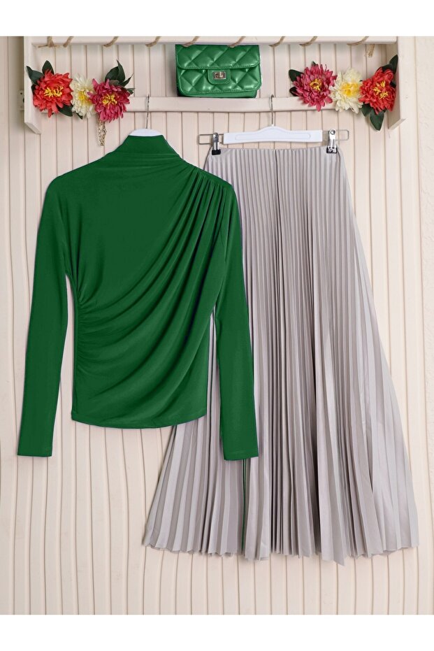 Half Neck Drawstring Sandy Blouse -Green - 2