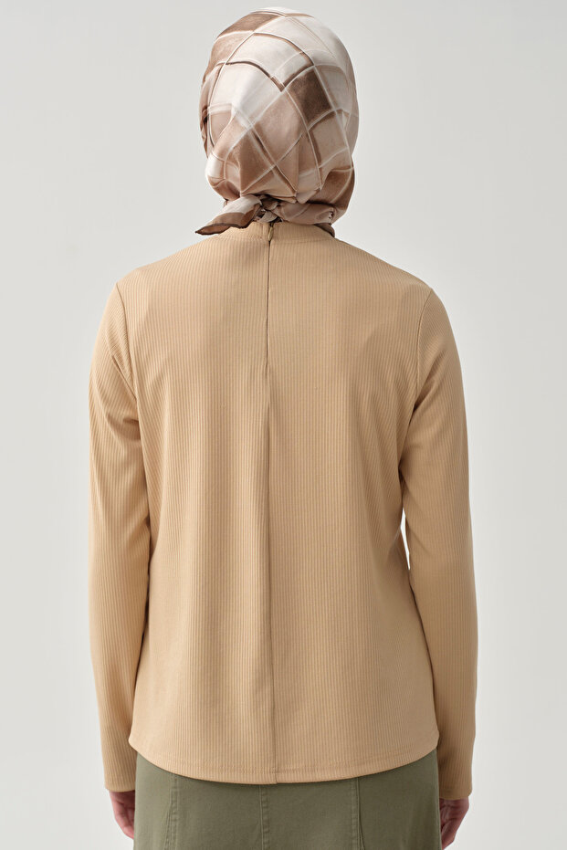 Balıkçı Yaka Örme Bluz - Bej - 6