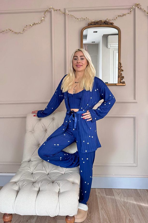Gece Mavisi Nuit Stellaire Desenli Sabahlıklı Marlenka Pijama Takımı - 6