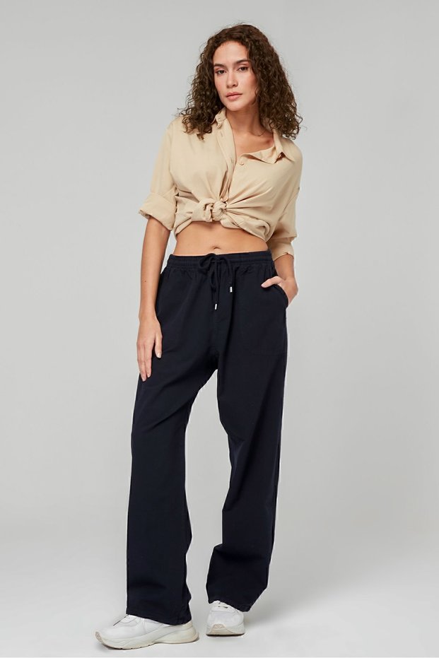 Women's Navy Blue Loose Cut Palazzo Linen Trousers - Cotton, High Waist, Summer Monaha