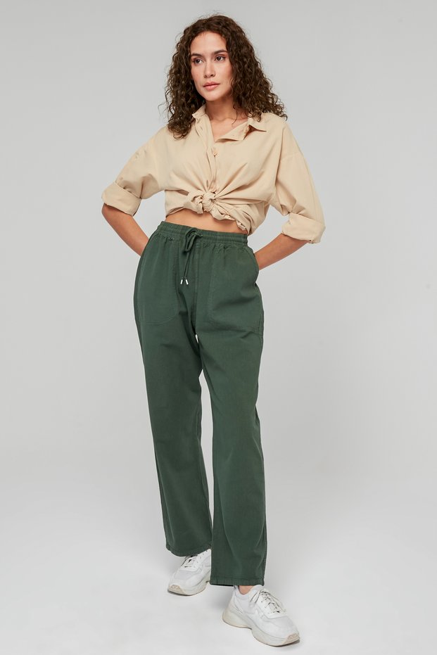 Women's Khaki Wide-Leg Palazzo Linen-Look Trousers - Cotton, Elastic Waist, Summer Monaha