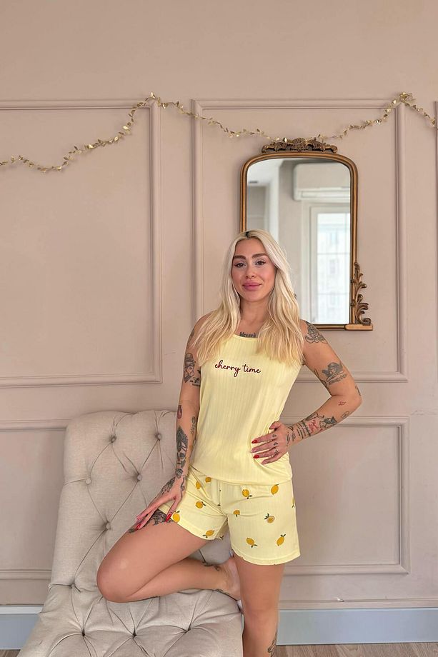 Sarı Time Desenli Şortlu Marlenka Kadın Pijama Takımı - 5