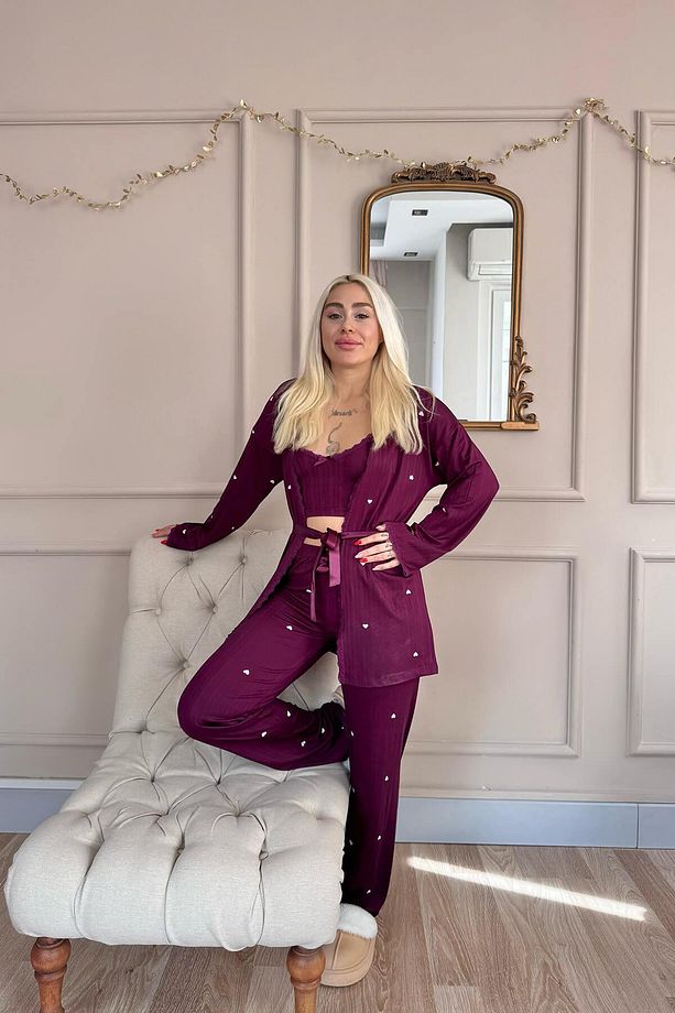 Mürdüm Amour Desenli Sabahlıklı Marlenka Pijama Takımı - 6