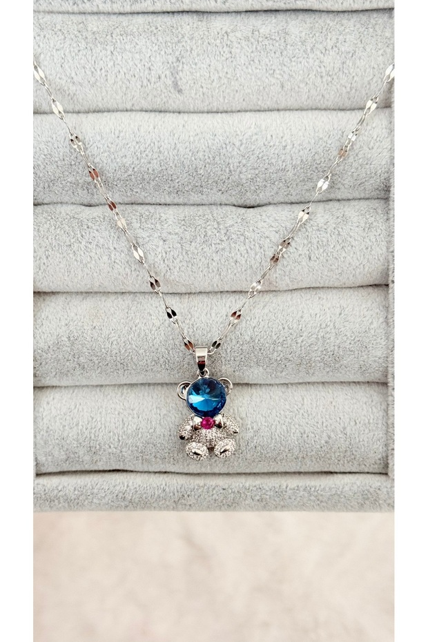 Stainless Steel Necklace with Blue Stone Teddy Bear - Does Not Tarnish, Water Resistant