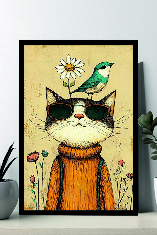 Kedi tasarımlı Çerçeve Görünümlü Mdf Tablo - 1