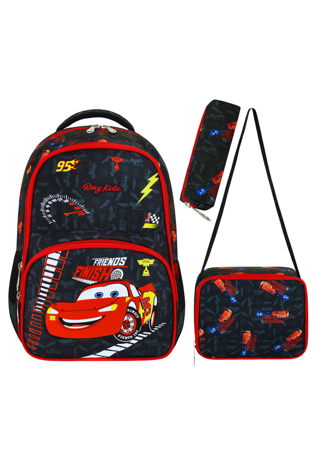 Car Printed 3-Piece Set: Primary School Bag, Thermal Lunch Bag, and Pencil Case Set