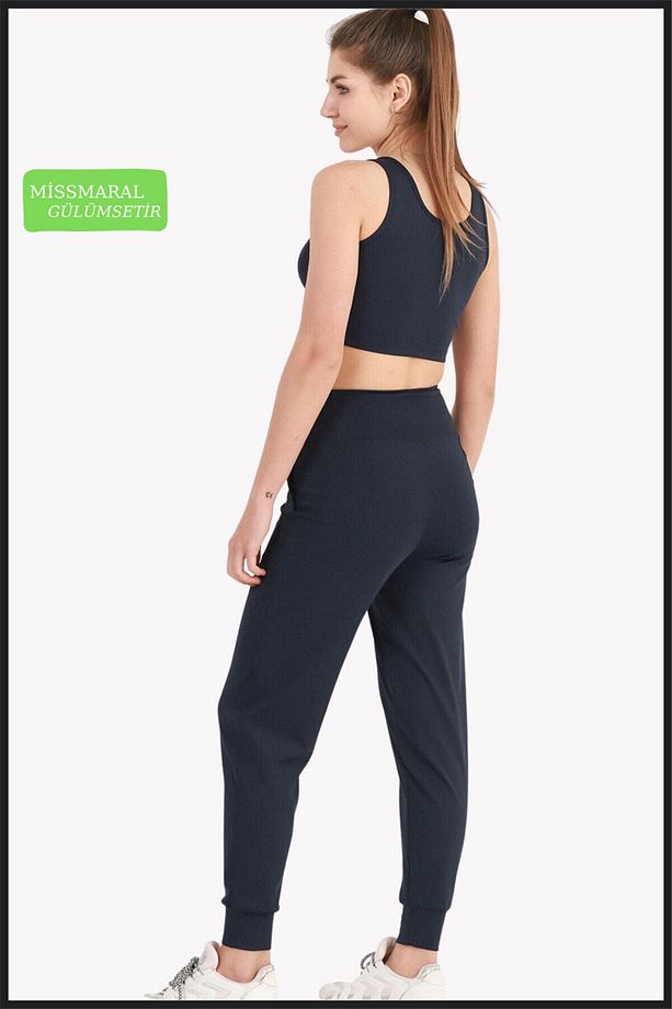 Kadın Yüksek Bel Eşofman Alt Curve Jogger Dalgıç Kumaş Çift Cepli Joggers Lacivert 1061 - 3