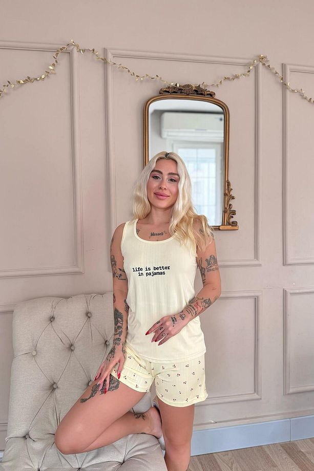 Vanilya Cherry Desenli Şortlu Marlenka Kadın Pijama Takımı - 3