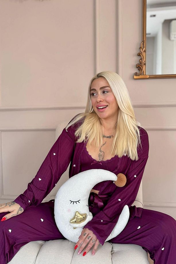 Mürdüm Amour Desenli Sabahlıklı Marlenka Pijama Takımı - 3