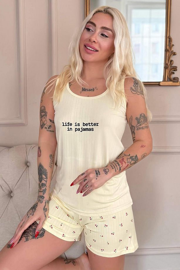 Vanilya Cherry Desenli Şortlu Marlenka Kadın Pijama Takımı - 1