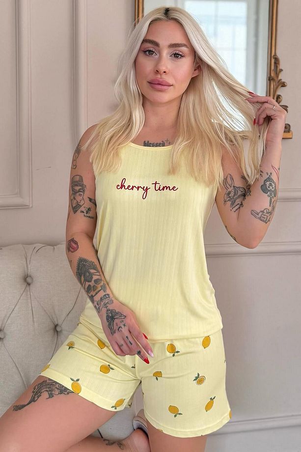 Sarı Time Desenli Şortlu Marlenka Kadın Pijama Takımı - 3