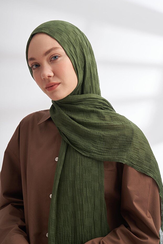 شال موسلين بنمط الشطرنج 3350- أخضر صنوبر - 3