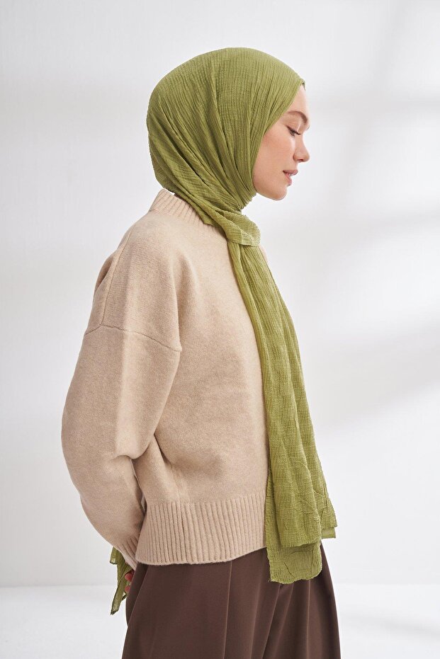 Muslin Checkered Pattern Shawl 3350-Olive - 1