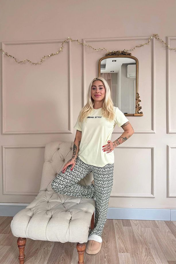 Bej Urban Style Desenli Kısa Kollu Örme Kadın Pijama Takımı - 7