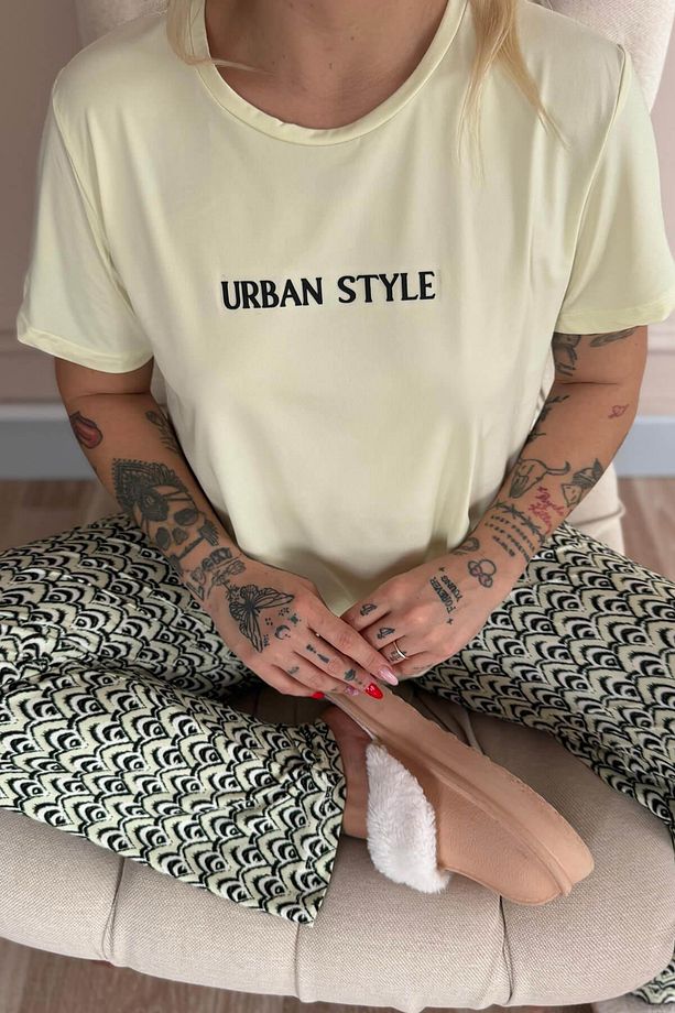 Bej Urban Style Desenli Kısa Kollu Örme Kadın Pijama Takımı - 6