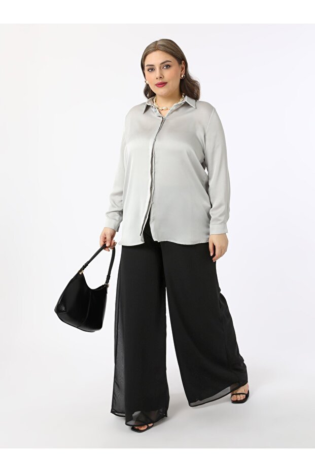Plus Size Loose Cut Lined Chiffon Trousers - Black - Alia