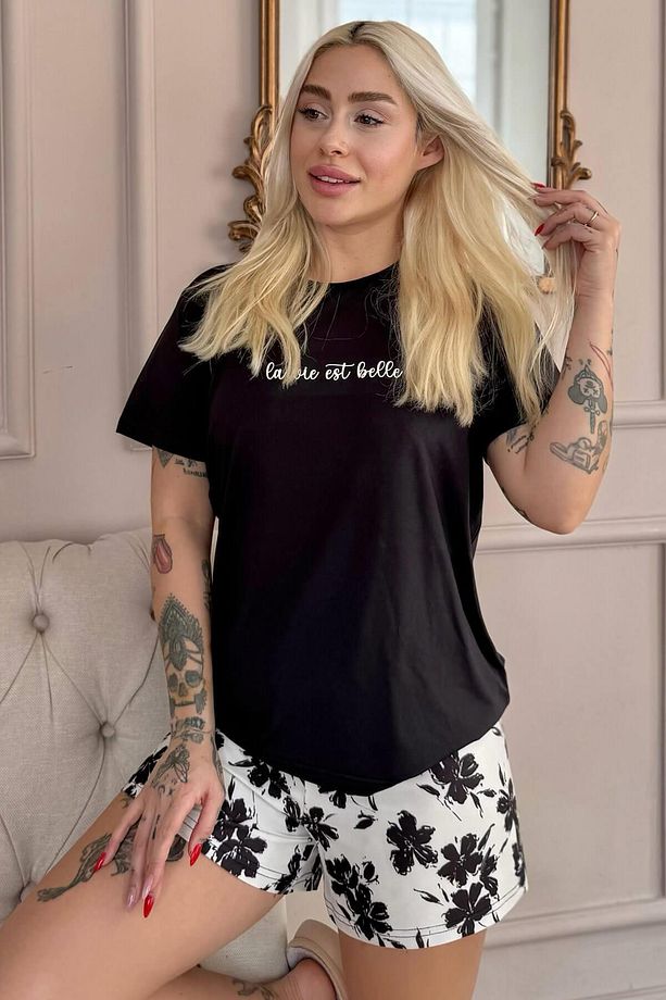 Siyah Belle Desenli Kısa Kollu Şortlu Örme Kadın Pijama Takımı - 1