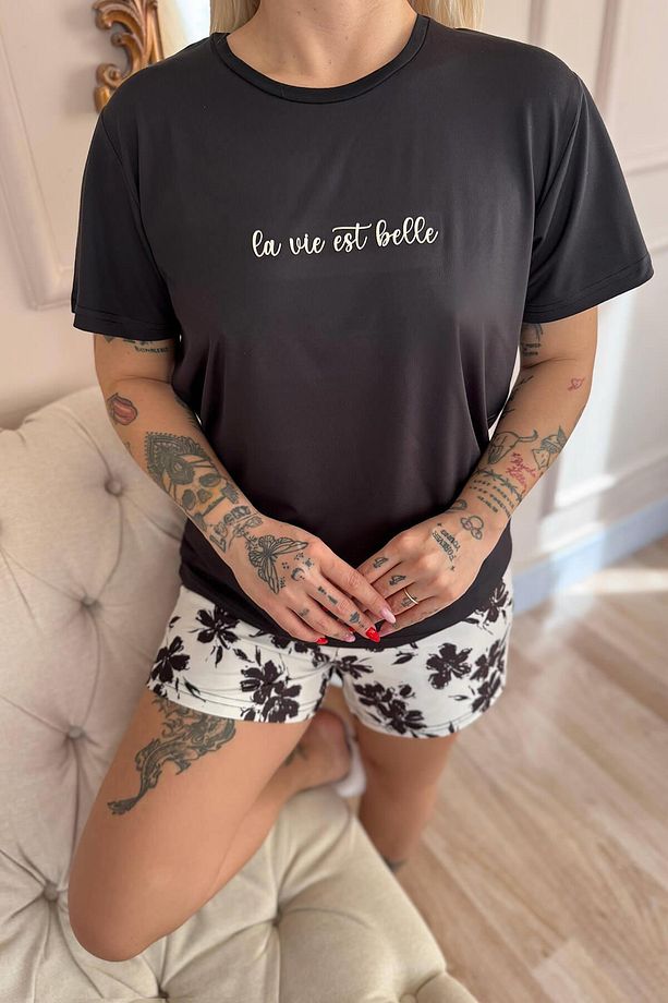 Siyah Belle Desenli Kısa Kollu Şortlu Örme Kadın Pijama Takımı - 6