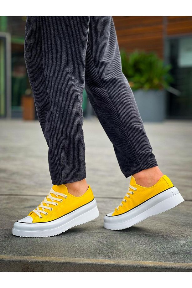 J-CX-3 Bağcıklı Ortopedik Rahat Taban Kısa Erkek Sneaker Spor Ayakkabı BT Sarı - 4