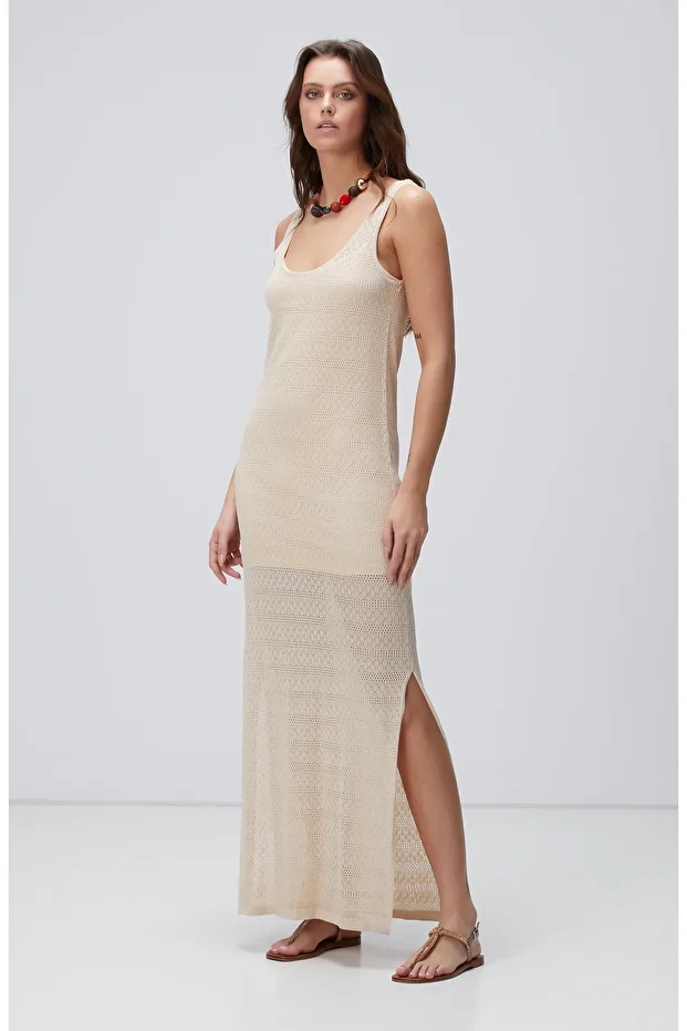 Bej Maxi Triko Elbise - 1
