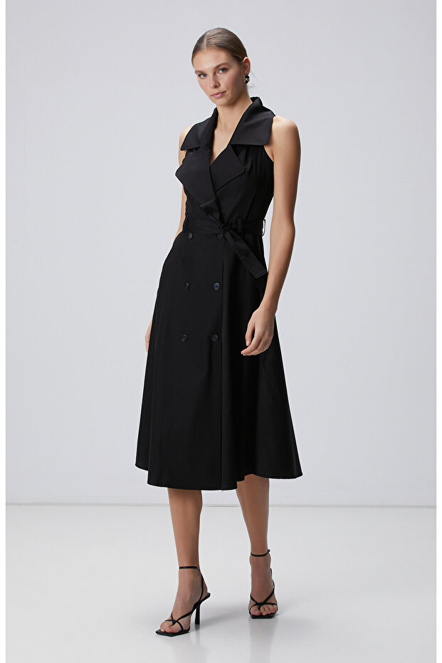 Siyah Midi Kruvaze Elbise - 4