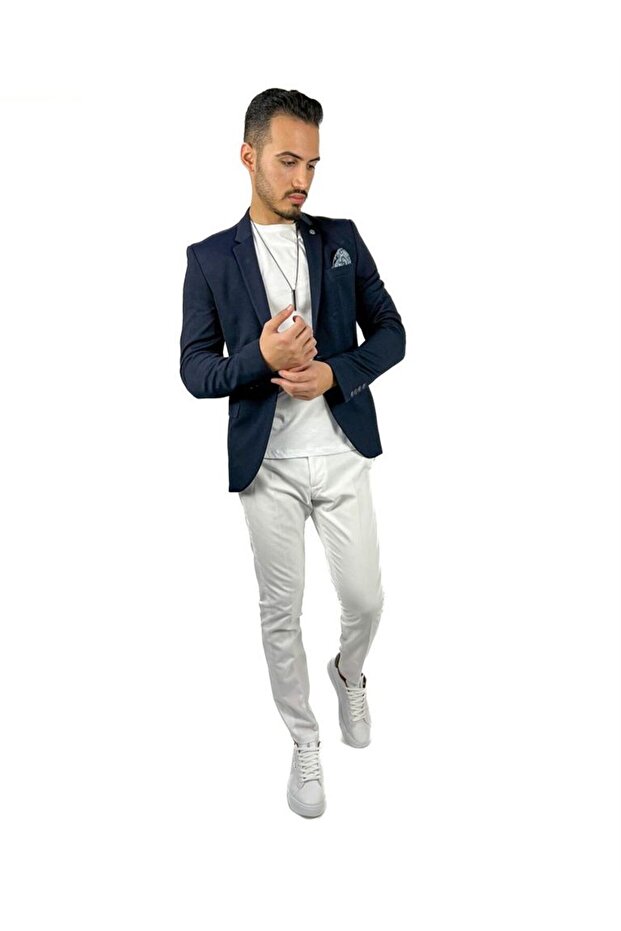 Agustini - Navy BlueMonoCollar Blazer, Half Lining Single Jacket - 3