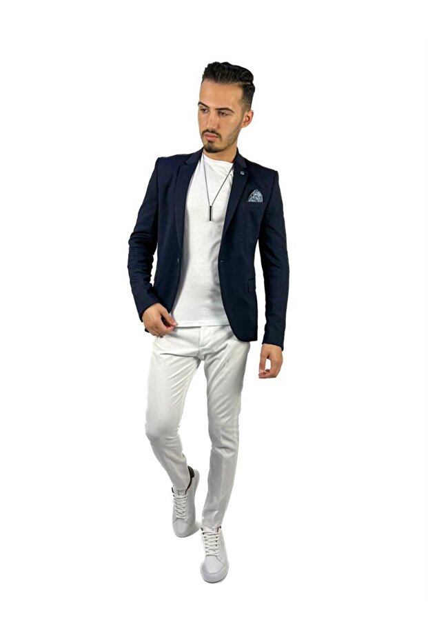 Agustini - Navy BlueMonoCollar Blazer, Half Lining Single Jacket - 4