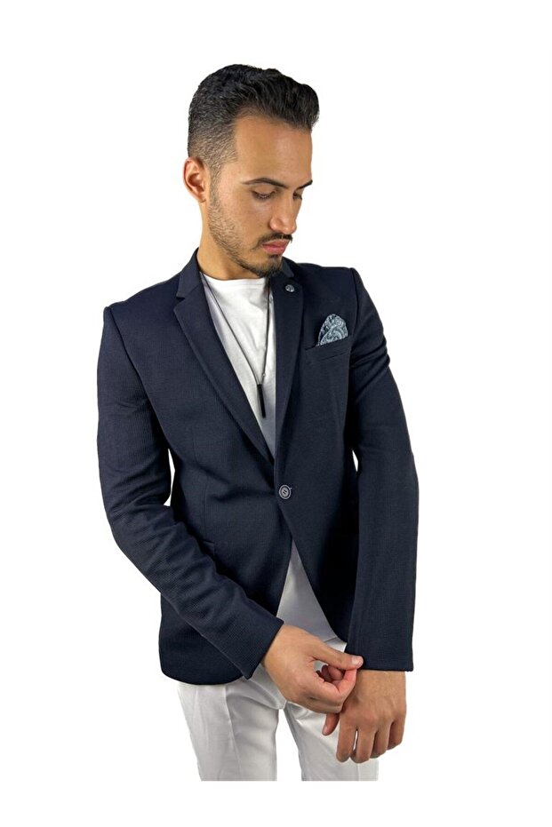 Agustini - Navy BlueMonoCollar Blazer, Half Lining Single Jacket - 2