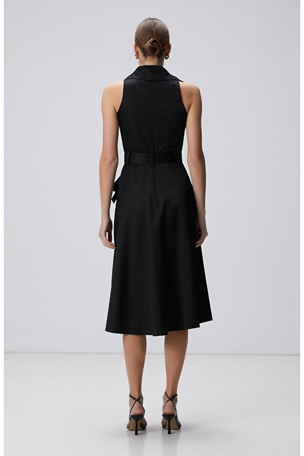 Siyah Midi Kruvaze Elbise - 5