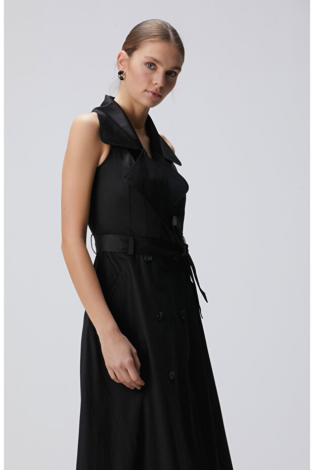 Siyah Midi Kruvaze Elbise - 3