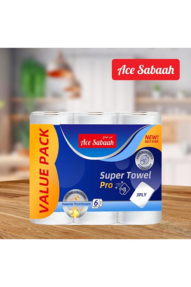 3 Ply Kitchen Paper Towel 6 Rolls 60 sheets, Pack of 6