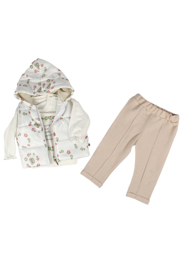 Baby Girl Ecru Brown Floral Print Inflatable Vest Set of 3