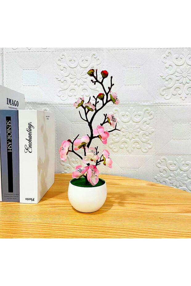 Pink Simulation Plum Flower Pot Plant Artificial Plastic Fake Flowers Home Office Desktop Ornaments