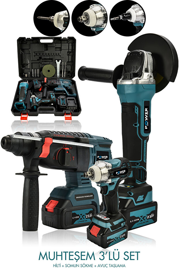 3 Lü Set Torklu Vidalama Somun Sıkma Şarjlı Matkap 2-26mm Şarjlı Taşlama 125mm - 1