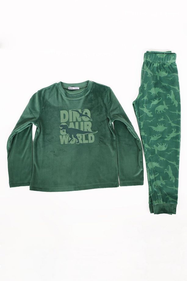 Erkek Çocuk Yeşil Super Soft Dinazor Desenli Pijama Takımı - 1
