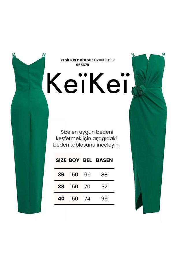 Yeşil krep kolsuz uzun elbise - 3
