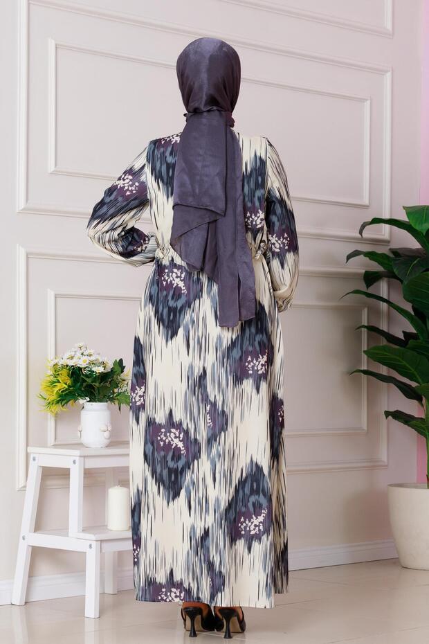 Sofia Patterned Side Tie Dress-Grey - 5