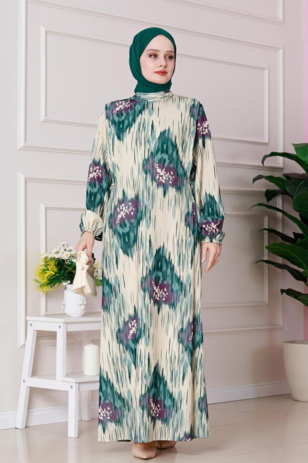 فستان بنمط صوفيا باللون الأخضر مع ربطة جانبية - 1