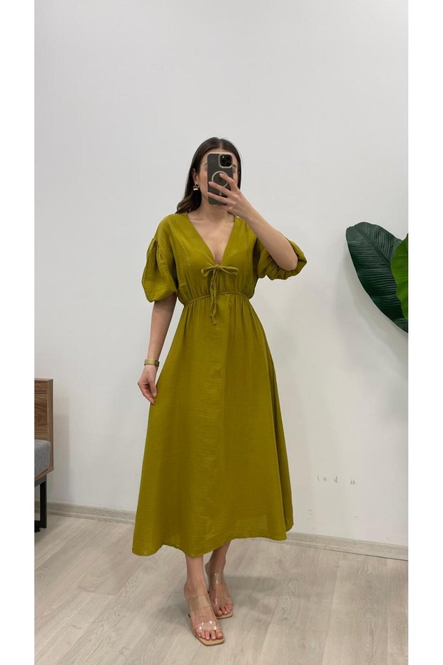 Women's Collar Piping Tie V-Neck Elastic Waist Sleeve Mouth Elastic Balloon Sleeve Long Dress