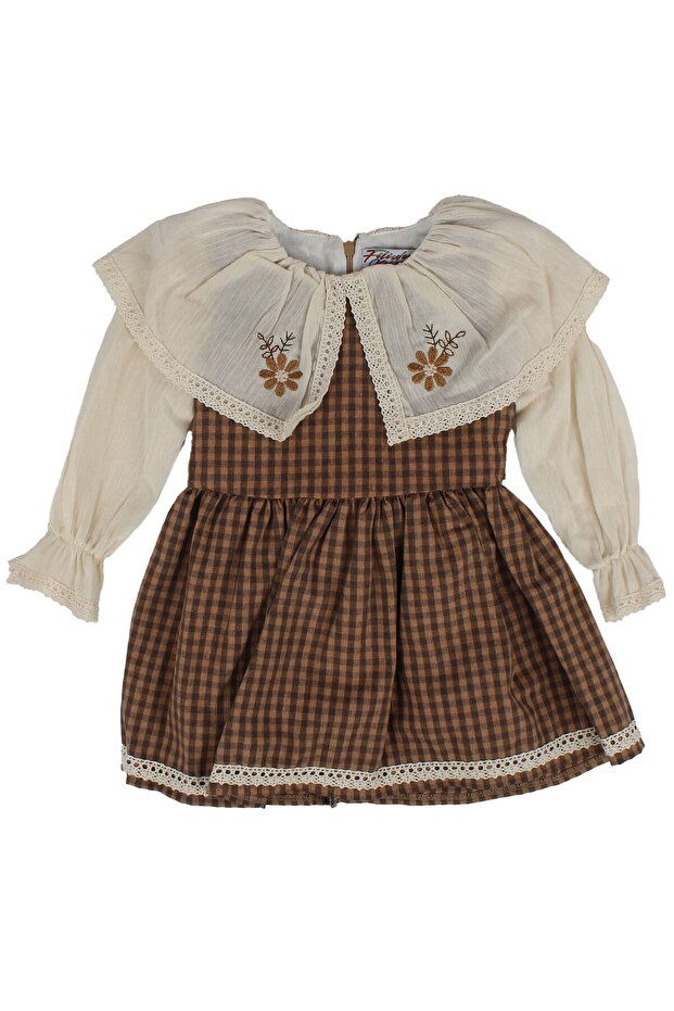 Girl's Ecru Brown Plaid Patterned Collared Scalloped Flower Embroidered Dress