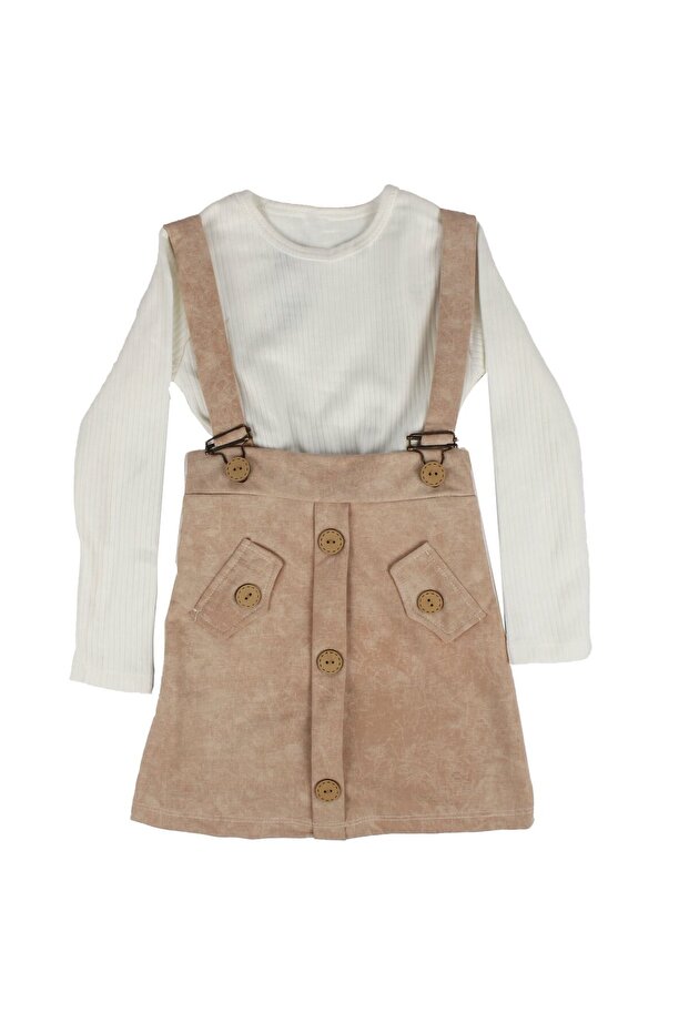 Girl's Ecru Brown Corded Badili Salopet Dress