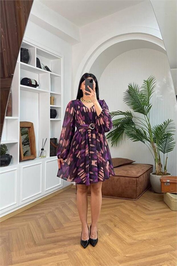 Women's Patterned Belt Detailed Mini Chiffon Dress Dpmy3585